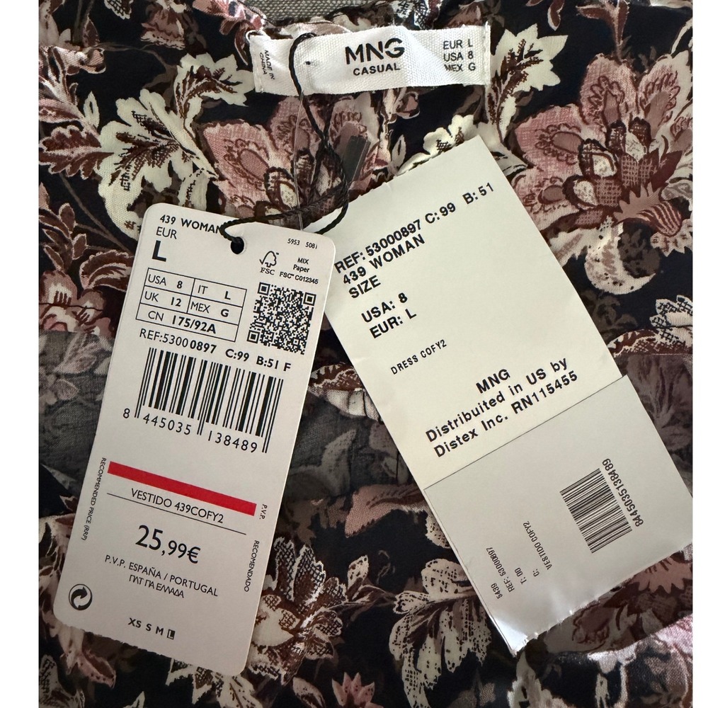 MNG Casual Floral Leopard Print Midi Dress Spaghetti Strap Slit Black Pink L - Picture 4 of 8